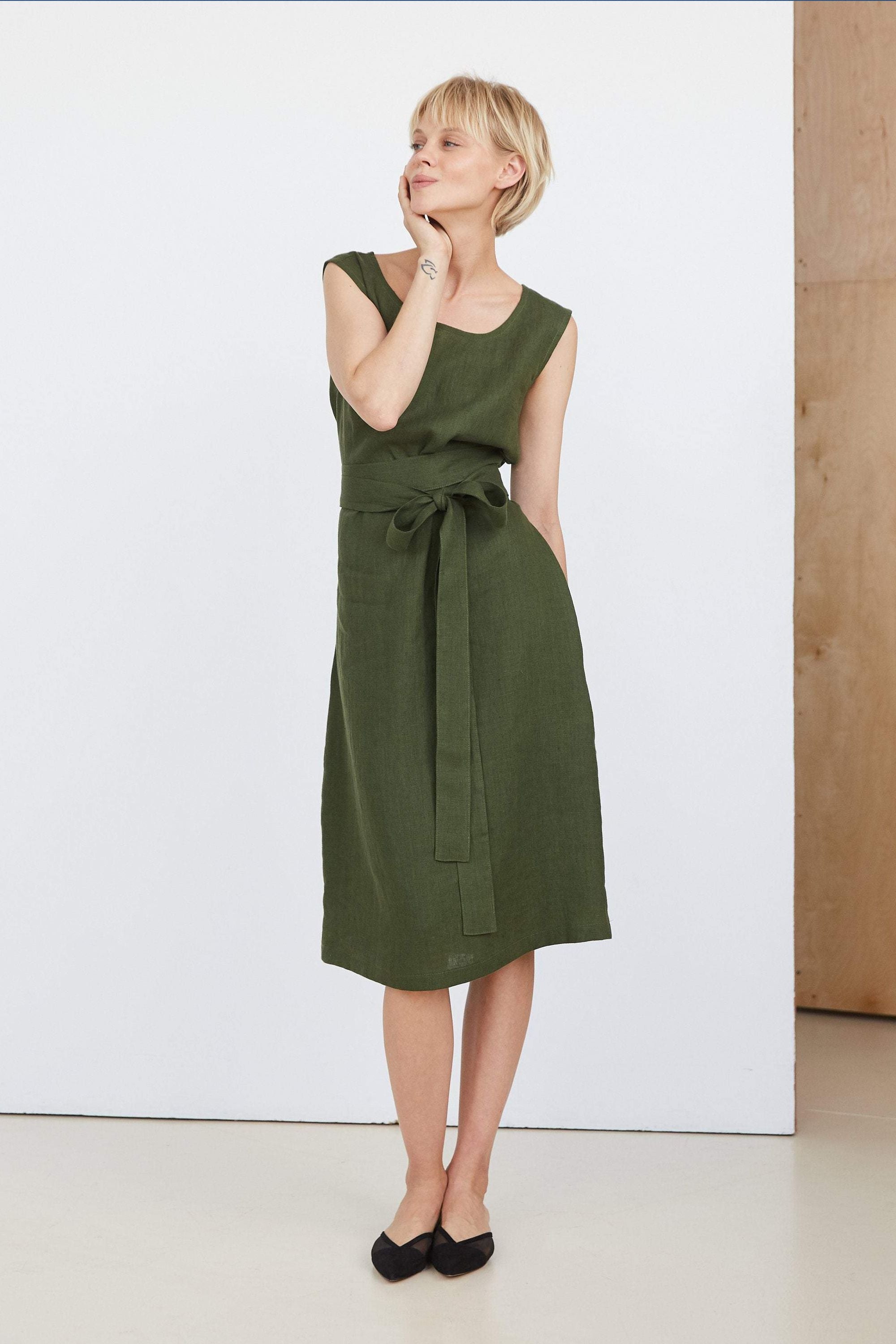 Green linen midi outlet dress