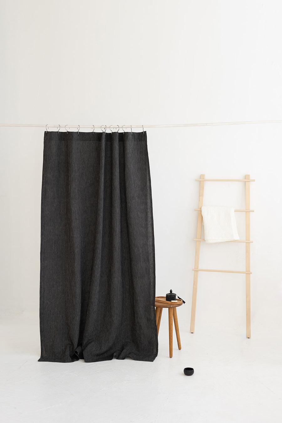 Waterproof Black Pinstripe Linen Shower Curtain 140cm / 55'' width