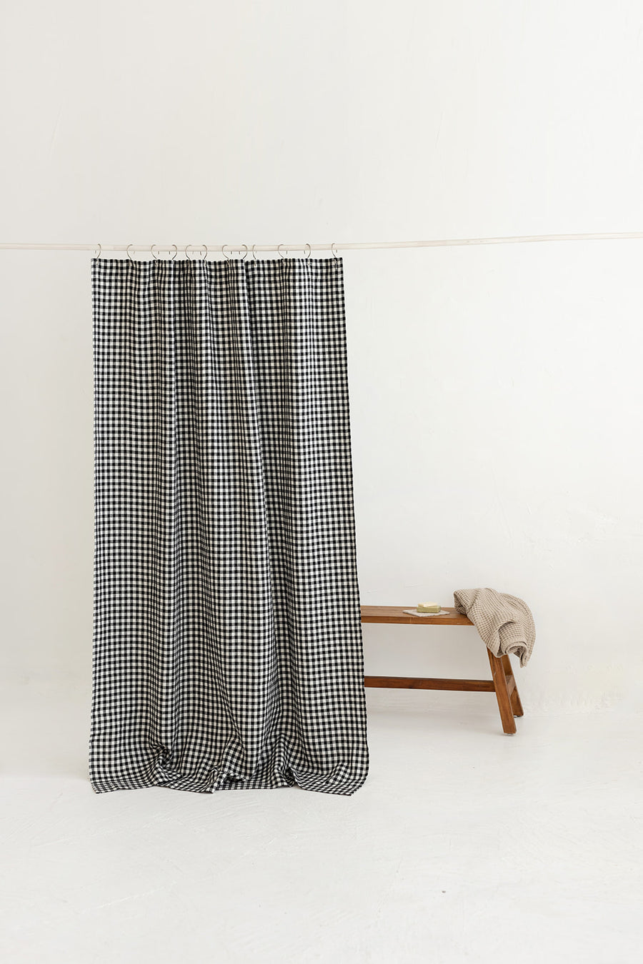 Waterproof Black Gingham Linen Shower Curtain 140cm / 55'' width