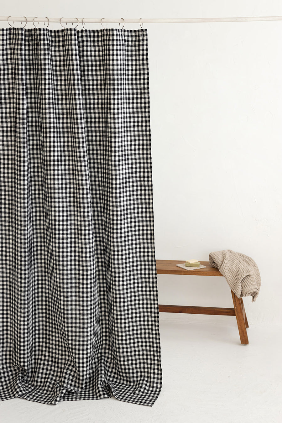 Waterproof Black Gingham Linen Shower Curtain 140cm / 55'' width