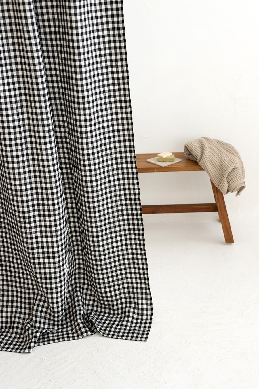 Waterproof Black Gingham Linen Shower Curtain 140cm / 55'' width