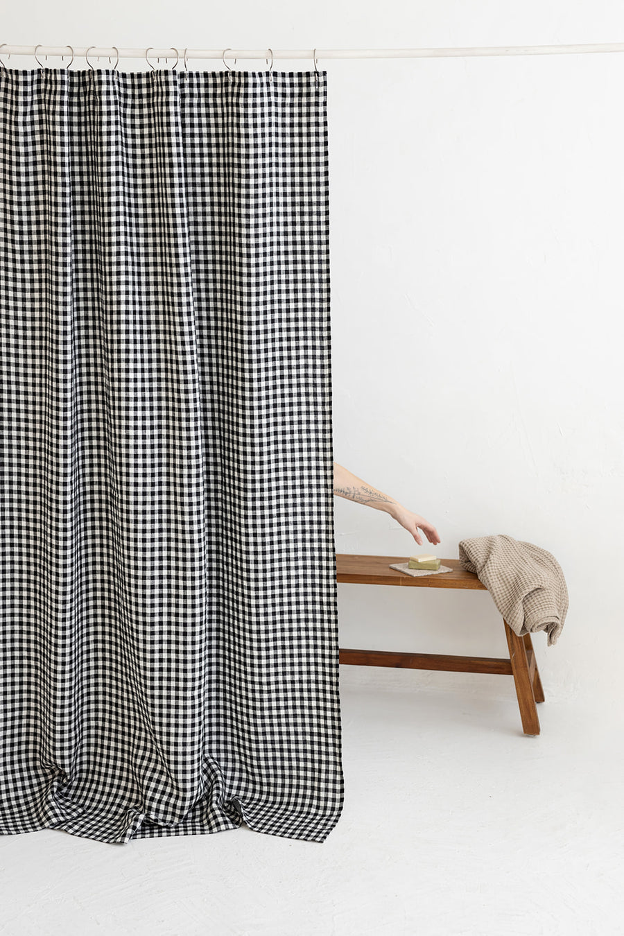 Waterproof Black Gingham Linen Shower Curtain 140cm / 55'' width