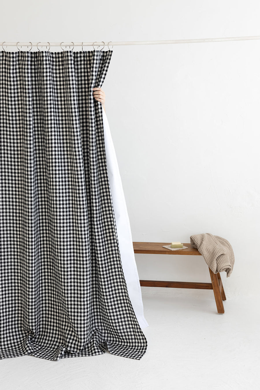 Waterproof Black Gingham Linen Shower Curtain 140cm / 55'' width