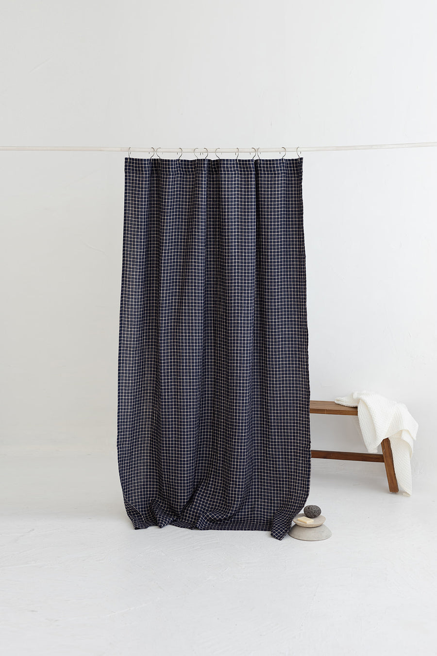 Waterproof Denim Blue Checks Linen Shower Curtain 140cm / 55'' width