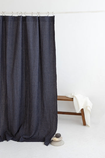 Waterproof Denim Blue Checks Linen Shower Curtain 140cm / 55'' width