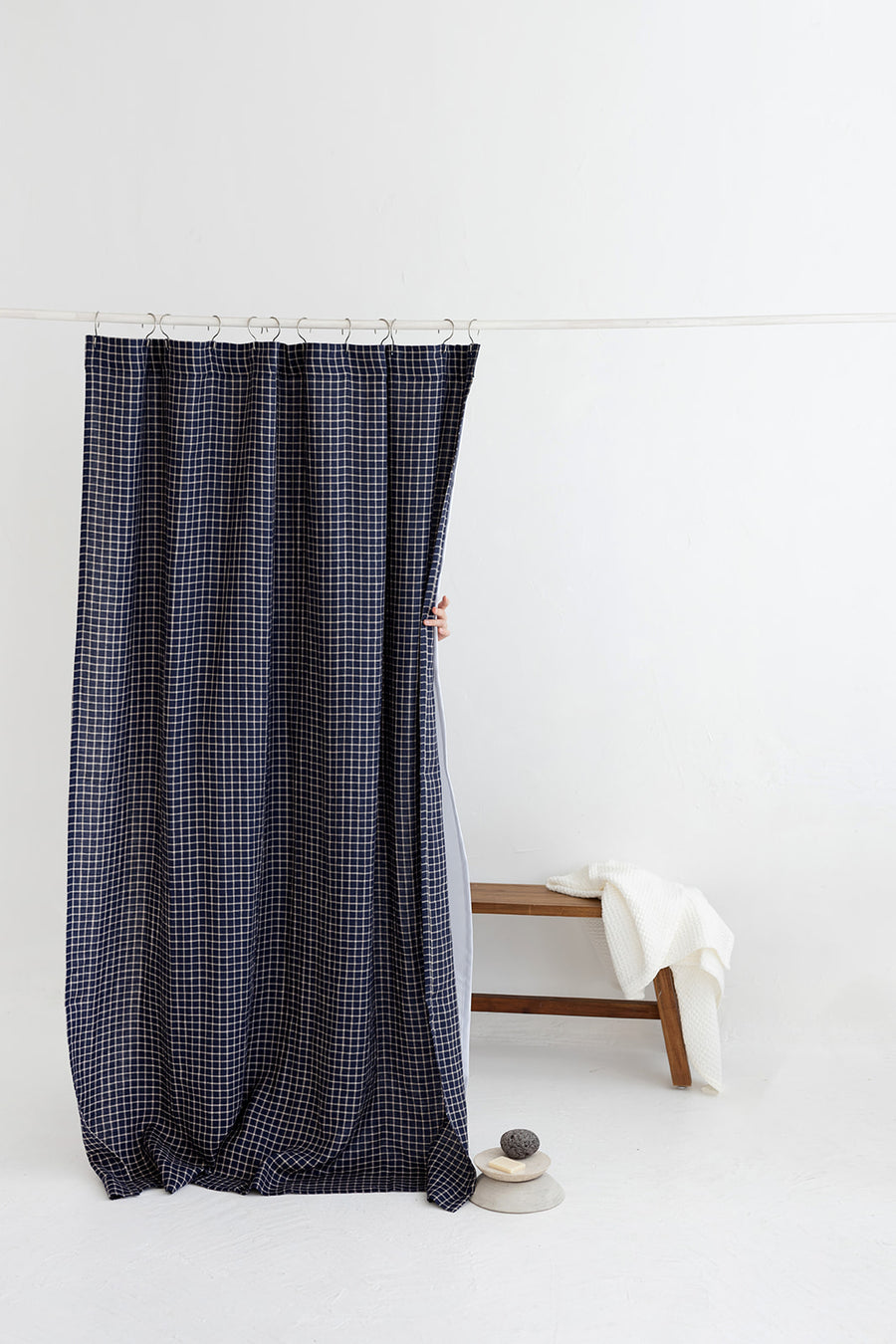 Waterproof Denim Blue Checks Linen Shower Curtain 140cm / 55'' width