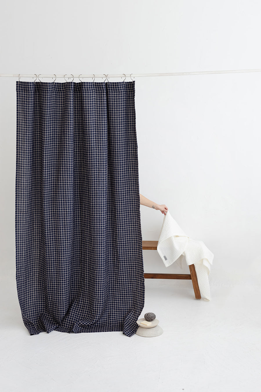 Waterproof Denim Blue Checks Linen Shower Curtain 140cm / 55'' width