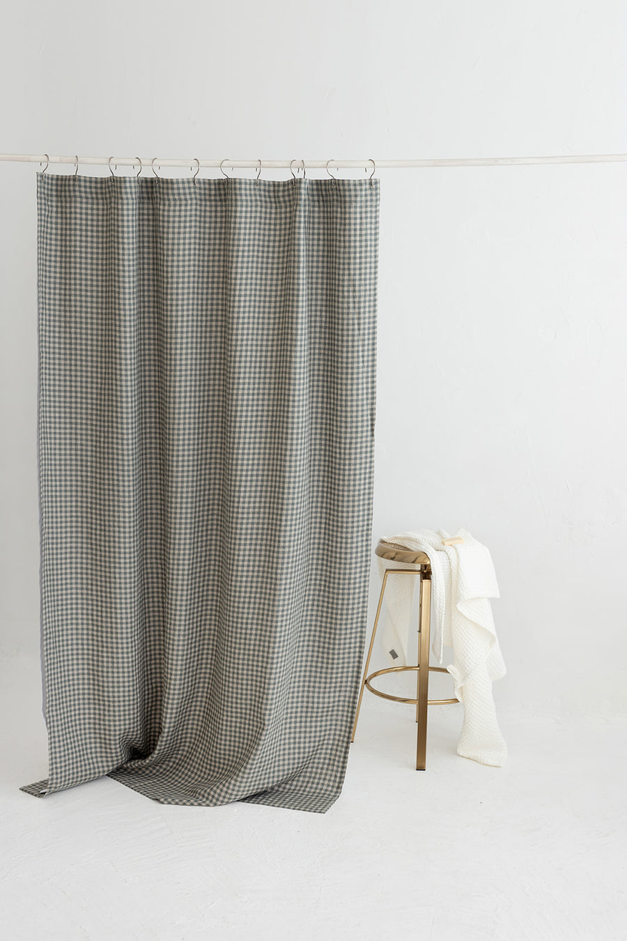 Waterproof Gray Green Gingham Linen Shower Curtain 140cm / 55'' width