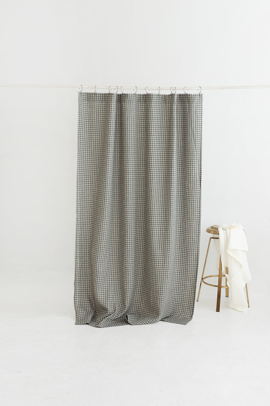 Waterproof Gray Green Gingham Linen Shower Curtain 140cm / 55'' width