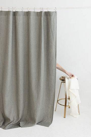 Waterproof Gray Green Gingham Linen Shower Curtain 140cm / 55'' width