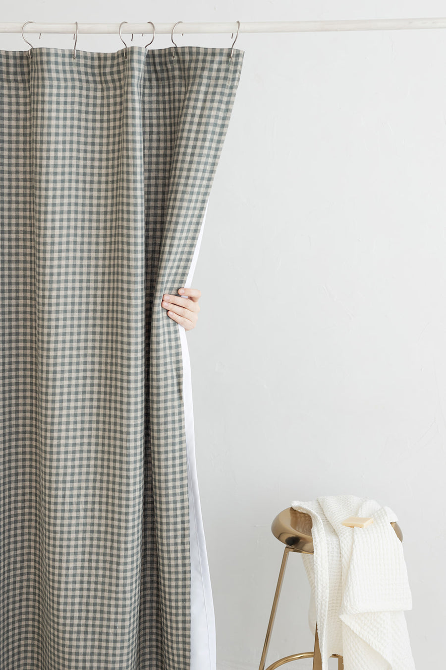 Waterproof Gray Green Gingham Linen Shower Curtain 140cm / 55'' width