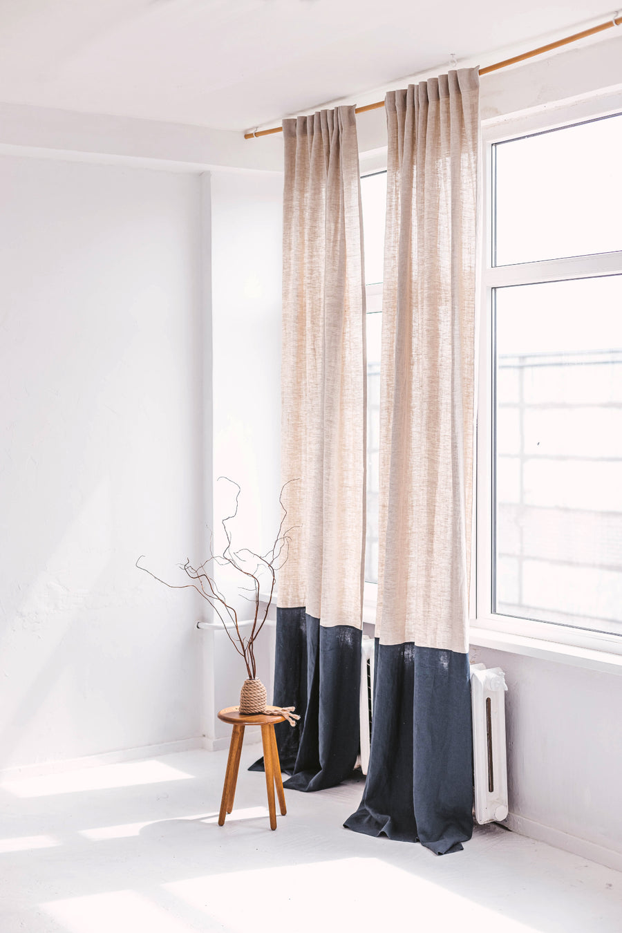 Natural light and Dark teal Color Block Linen Curtain